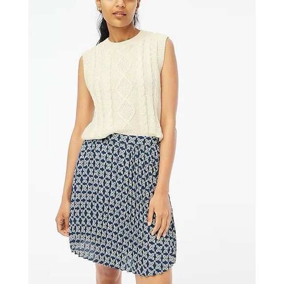 J. Crew Factory New Navy White Print Pleated Mini Skirt Preppy Feminine Size 12 - Picture 2 of 12